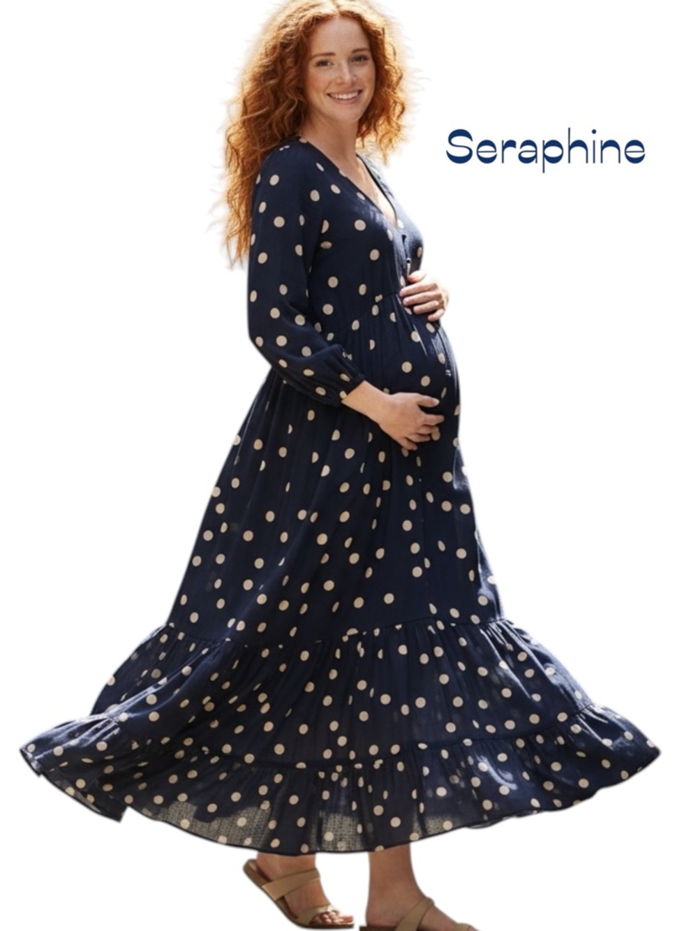 Seraphine Navy Cream Polka Dots Ruffled Maxi Maternity Dress NWOT Size 6